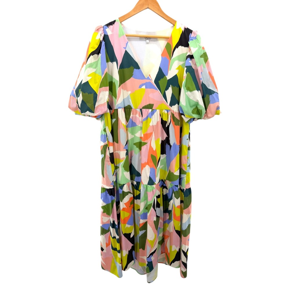 Crosby by Mollie Burch Brawley Midi Dress Poinciana Tiered Puff Sleeve Large - Picture 2 of 9